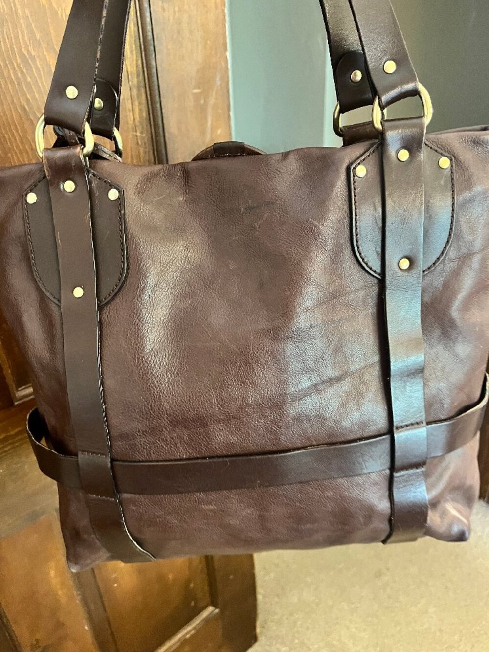 Dark Brown Leather Satchel with Horse and Horseshoe Charms - Picture 4 of 13